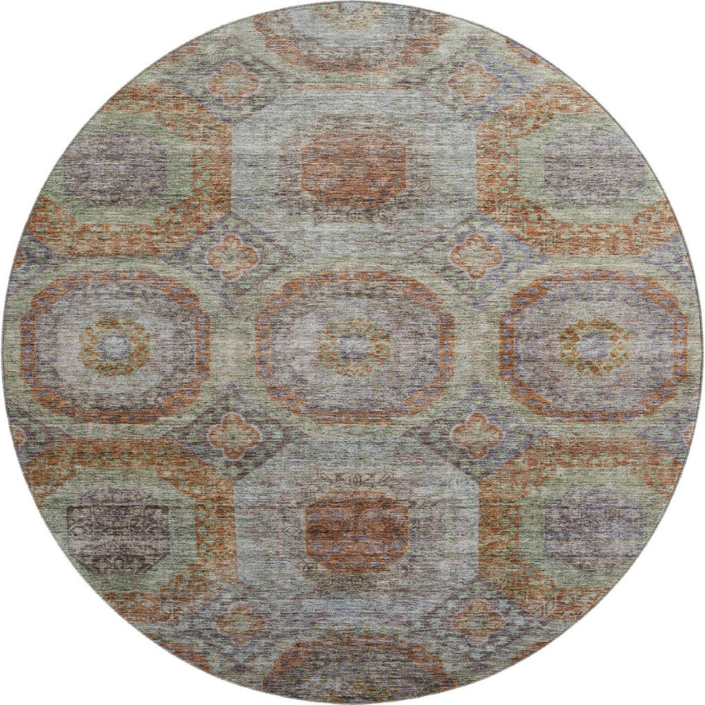 HomeRoots 8' Modern Geometric Washable Round Rug in Rust, Charcoal & Beige with UV Protection for High Traffic Areas 688567
