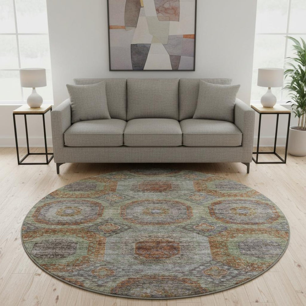 HomeRoots 8' Modern Geometric Washable Round Rug in Rust, Charcoal & Beige with UV Protection for High Traffic Areas 688567