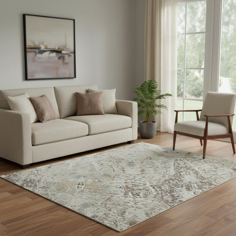 HomeRoots 5' X 8' Stylish Linen Gray & Silver Abstract Area Rug - Washable, UV Protected & Ideal for High-Traffic Areas 688572
