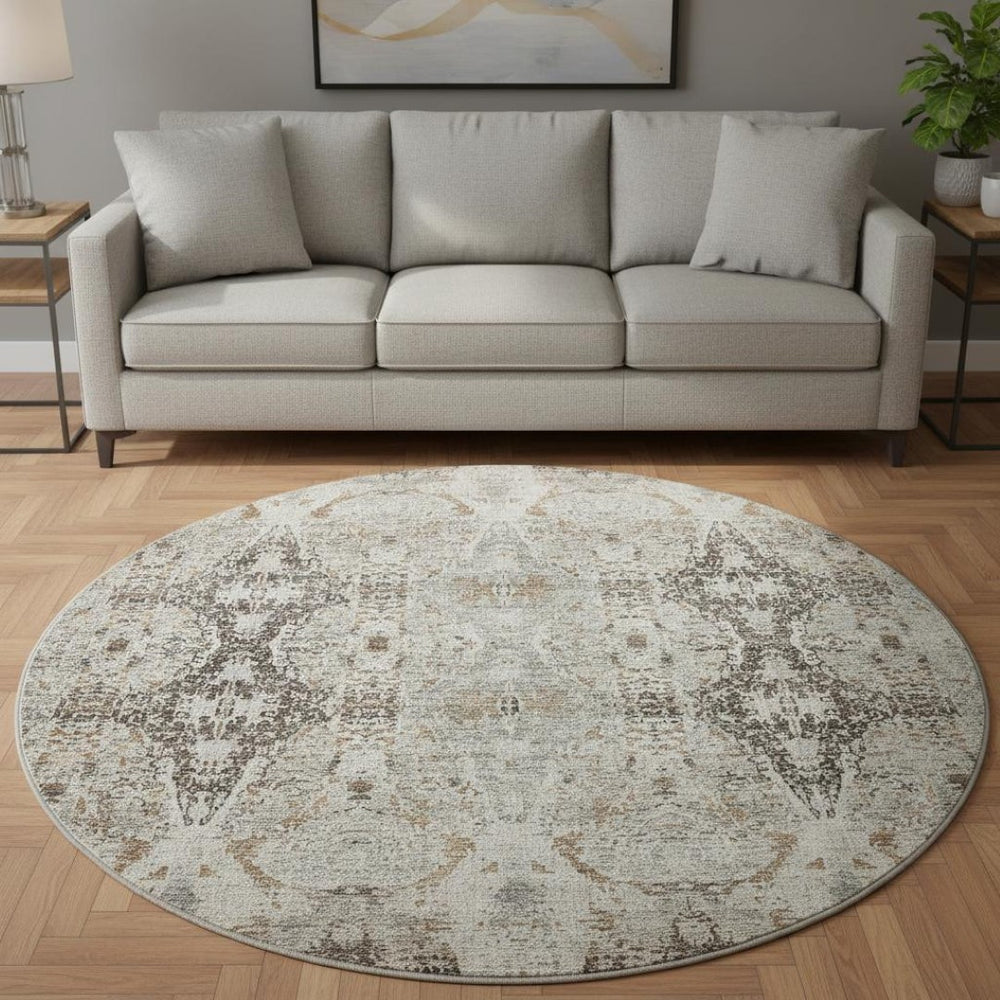 HomeRoots 8' Stylish Linen Gray & Silver Abstract Round Rug - Washable, UV Protected, Durable for Homes 688573