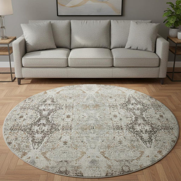 HomeRoots 8' Stylish Linen Gray & Silver Abstract Round Rug - Washable, UV Protected, Durable for Homes 688573