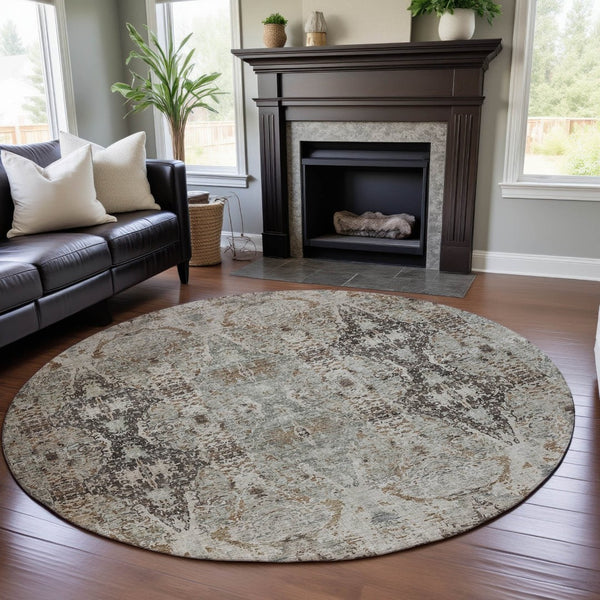 HomeRoots 8' Stylish Linen Gray & Silver Abstract Round Rug - Washable, UV Protected, Durable for Homes 688573