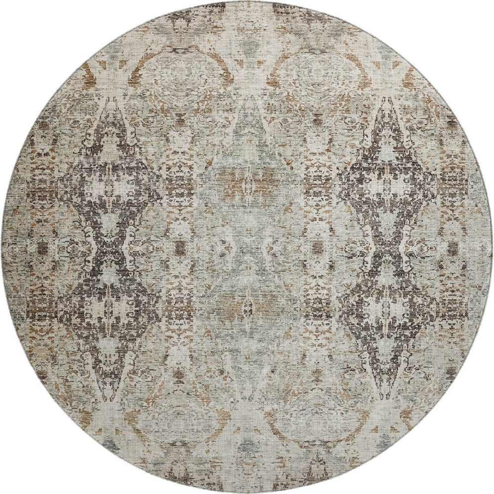 HomeRoots 8' Stylish Linen Gray & Silver Abstract Round Rug - Washable, UV Protected, Durable for Homes 688573