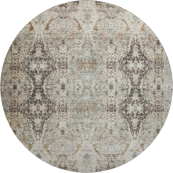 HomeRoots 8' Stylish Linen Gray & Silver Abstract Round Rug - Washable, UV Protected, Durable for Homes 688573