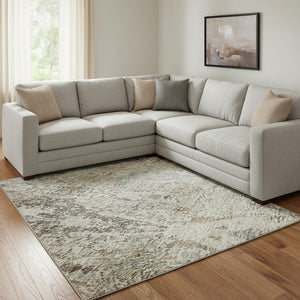 HomeRoots 8' X 10' Linen Gray & Silver Abstract Area Rug – Modern, Washable, UV-Protected, Durable for High-Traffic Homes 688574