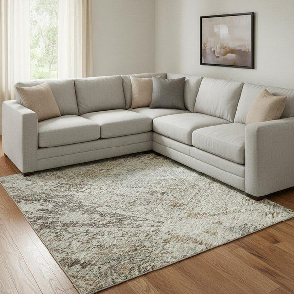 HomeRoots 8' X 10' Linen Gray & Silver Abstract Area Rug – Modern, Washable, UV-Protected, Durable for High-Traffic Homes 688574
