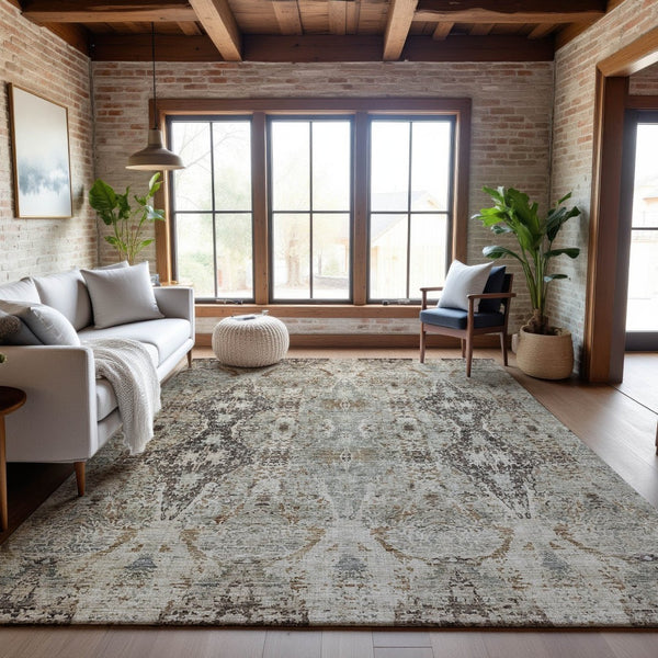 HomeRoots 10' X 14' Linen Gray & Silver Abstract Area Rug - Stain Resistant, UV Protected & Machine-Woven Design 688576