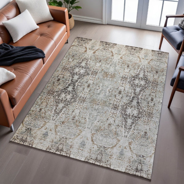 HomeRoots 10' X 14' Linen Gray & Silver Abstract Area Rug - Stain Resistant, UV Protected & Machine-Woven Design 688576