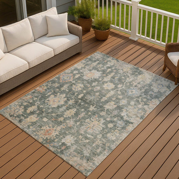 HomeRoots 5' X 8' Artichoke Green Floral Area Rug - Washable, Durable, Indoor/Outdoor, Stain-Resistant Charm 688580
