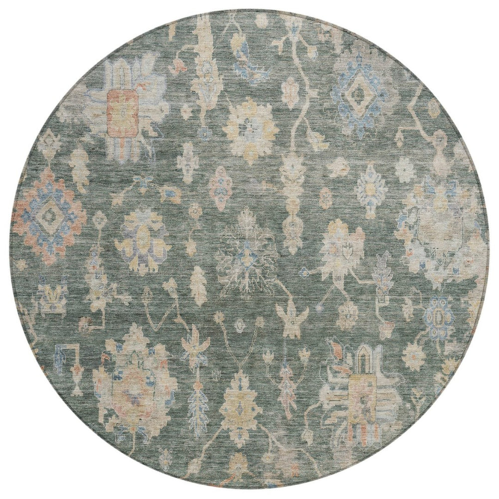 HomeRoots 8' Round Floral Area Rug in Artichoke Green, Beige & Rust – Stylish, Washable, Indoor/Outdoor Use 688581