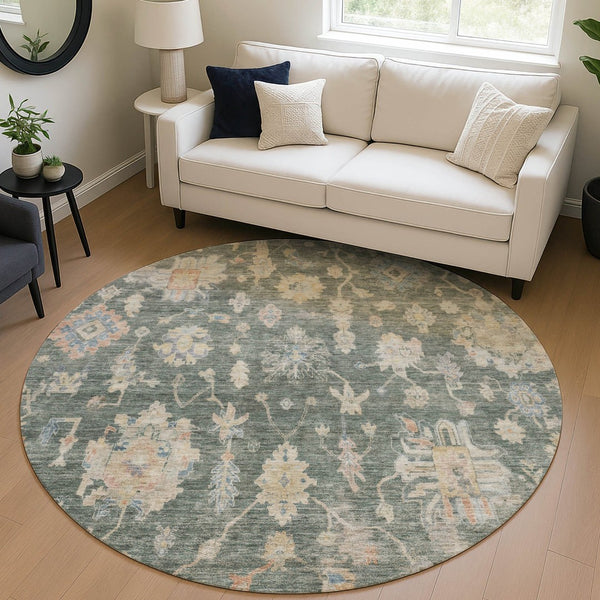 HomeRoots 8' Round Floral Area Rug in Artichoke Green, Beige & Rust – Stylish, Washable, Indoor/Outdoor Use 688581