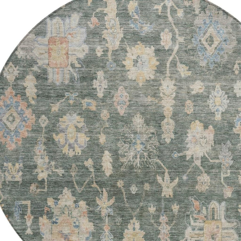 HomeRoots 8' Round Floral Area Rug in Artichoke Green, Beige & Rust – Stylish, Washable, Indoor/Outdoor Use 688581