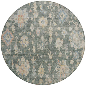 HomeRoots 8' Round Floral Area Rug in Artichoke Green, Beige & Rust – Stylish, Washable, Indoor/Outdoor Use 688581