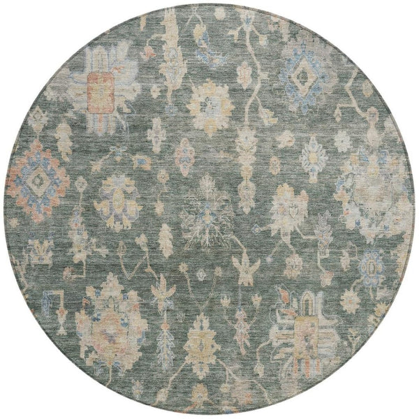 HomeRoots 8' Round Floral Area Rug in Artichoke Green, Beige & Rust – Stylish, Washable, Indoor/Outdoor Use 688581