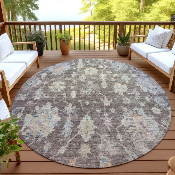 HomeRoots 8' Round Floral Area Rug – Chocolate, Beige & Blue Washable, Durable for Indoor & Outdoor Use! 688587