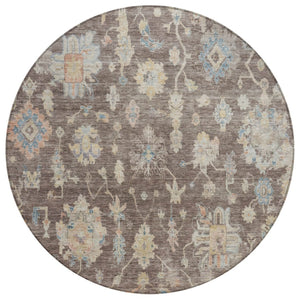 HomeRoots 8' Round Floral Area Rug – Chocolate, Beige & Blue Washable, Durable for Indoor & Outdoor Use! 688587
