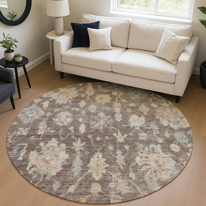 HomeRoots 8' Round Floral Area Rug – Chocolate, Beige & Blue Washable, Durable for Indoor & Outdoor Use! 688587