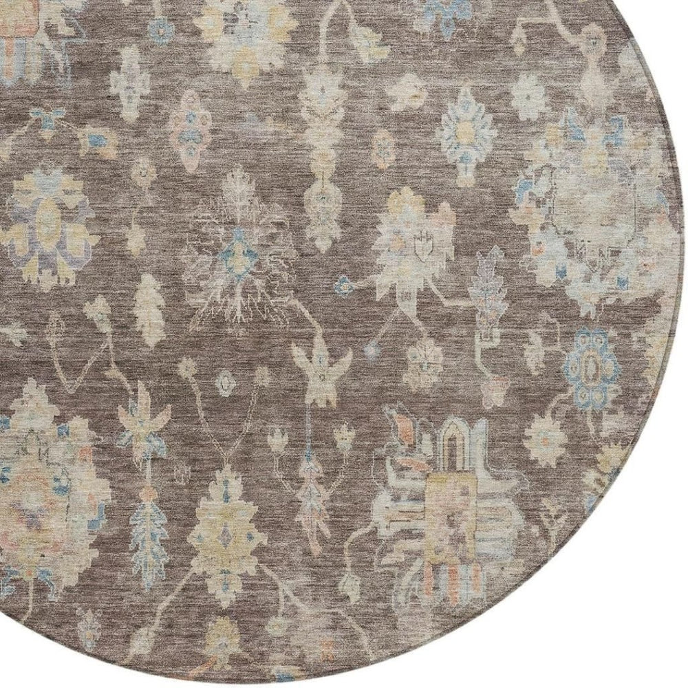 HomeRoots 8' Round Floral Area Rug – Chocolate, Beige & Blue Washable, Durable for Indoor & Outdoor Use! 688587