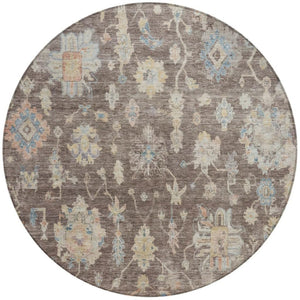 HomeRoots 8' Round Floral Area Rug – Chocolate, Beige & Blue Washable, Durable for Indoor & Outdoor Use! 688587