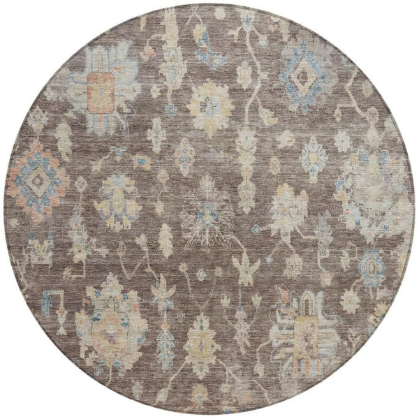 HomeRoots 8' Round Floral Area Rug – Chocolate, Beige & Blue Washable, Durable for Indoor & Outdoor Use! 688587