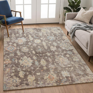 HomeRoots 9' Chocolate Beige and Blue Floral Area Rug - Durable, Washable, Indoor/Outdoor, Stain-Resistant Design 688589