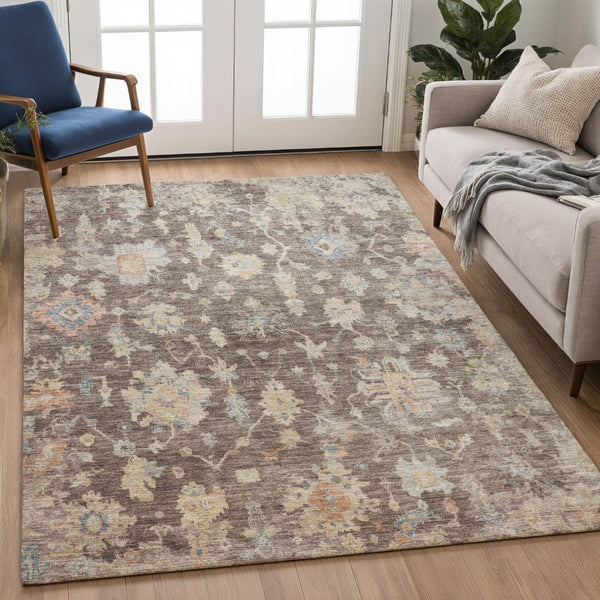 HomeRoots 9' Chocolate Beige and Blue Floral Area Rug - Durable, Washable, Indoor/Outdoor, Stain-Resistant Design 688589