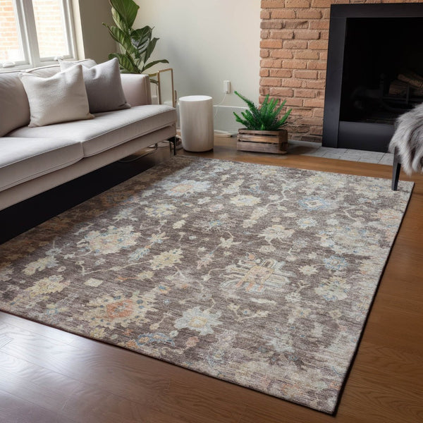 HomeRoots 9' Chocolate Beige and Blue Floral Area Rug - Durable, Washable, Indoor/Outdoor, Stain-Resistant Design 688589