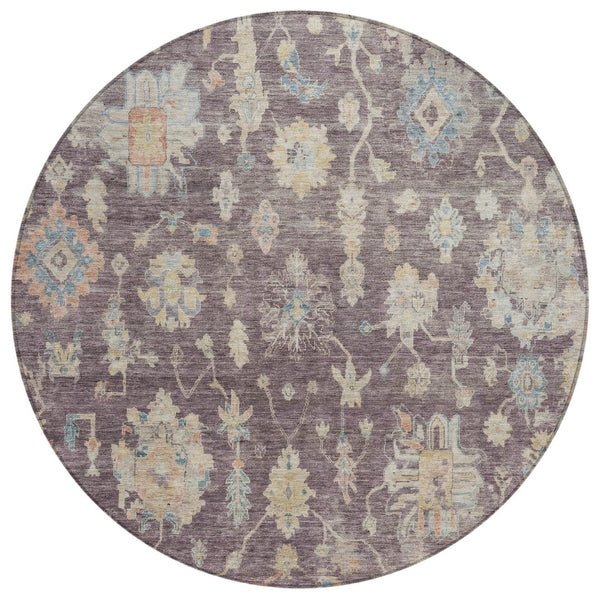 HomeRoots 8' Eggplant, Beige & Blue Round Floral Washable Area Rug - Perfect for Indoor & Outdoor Spaces! 688593
