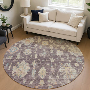 HomeRoots 8' Eggplant, Beige & Blue Round Floral Washable Area Rug - Perfect for Indoor & Outdoor Spaces! 688593