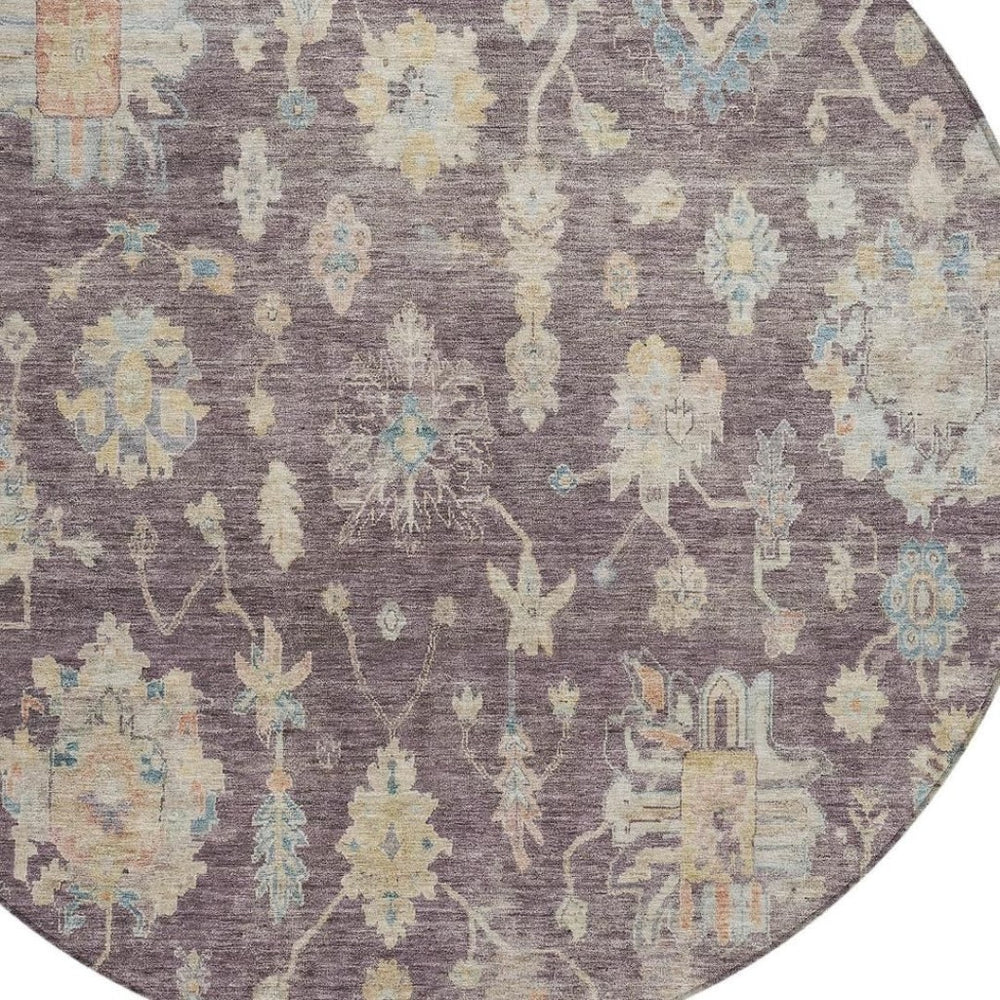 HomeRoots 8' Eggplant, Beige & Blue Round Floral Washable Area Rug - Perfect for Indoor & Outdoor Spaces! 688593