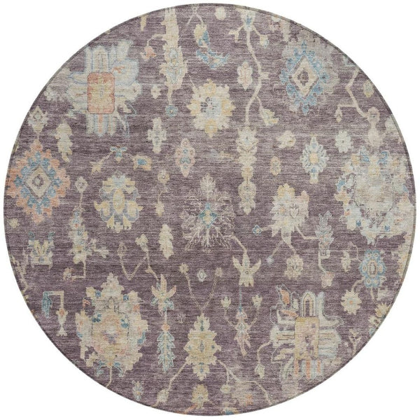 HomeRoots 8' Eggplant, Beige & Blue Round Floral Washable Area Rug - Perfect for Indoor & Outdoor Spaces! 688593