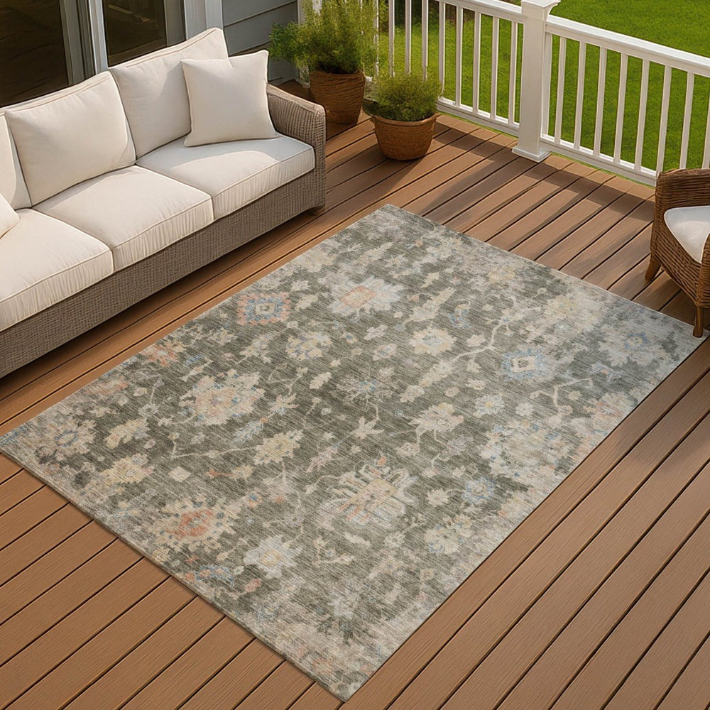 HomeRoots 5' Floral Washable Area Rug in Fern Green, Beige & Blue – Durable Indoor/Outdoor Charm & Style 688598