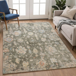 HomeRoots 5' Floral Washable Area Rug in Fern Green, Beige & Blue – Durable Indoor/Outdoor Charm & Style 688598