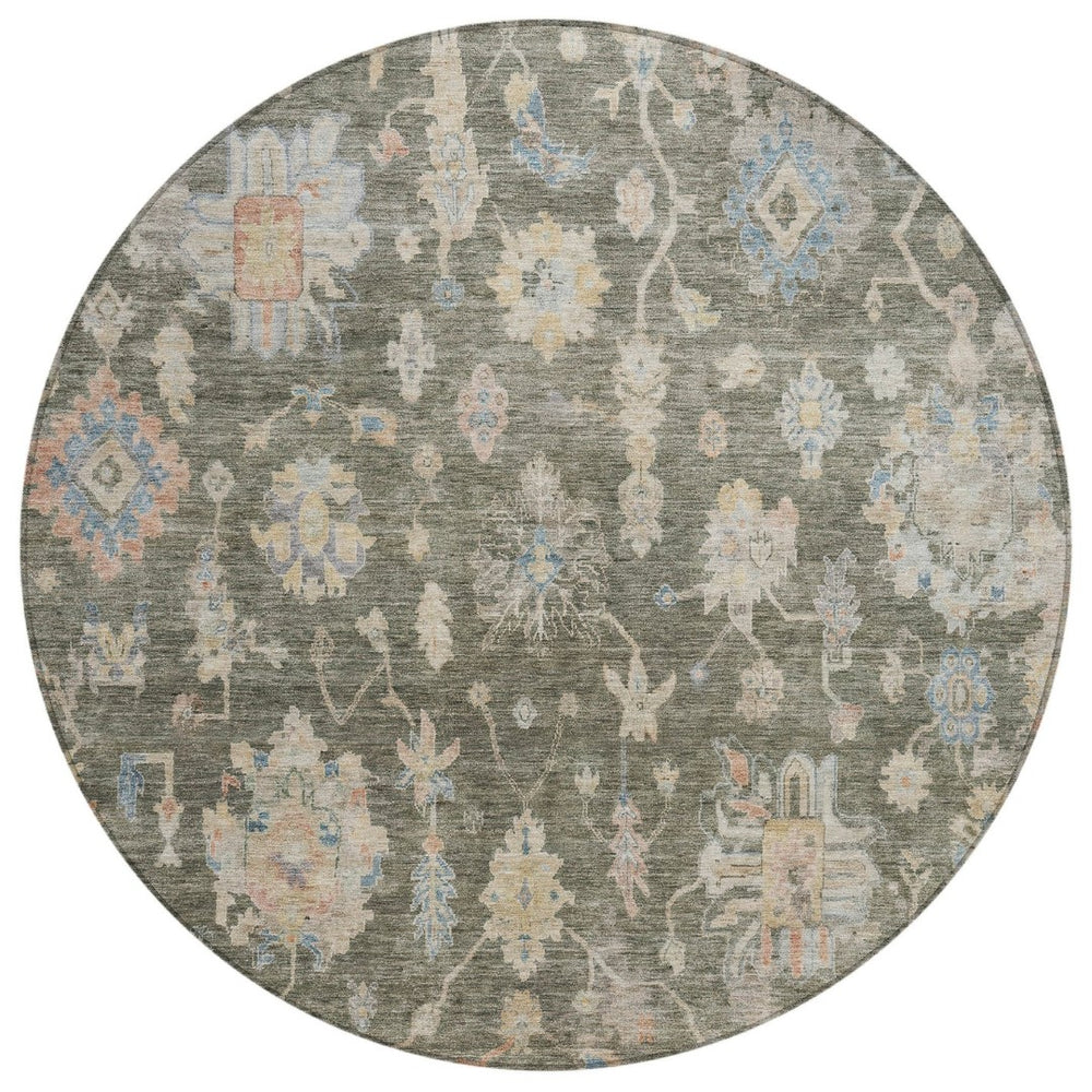 HomeRoots 8' Durable Round Floral Area Rug in Fern Green, Beige & Blue - Machine Washable for Indoor/Outdoor Use 688599