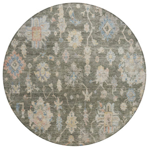 HomeRoots 8' Durable Round Floral Area Rug in Fern Green, Beige & Blue - Machine Washable for Indoor/Outdoor Use 688599