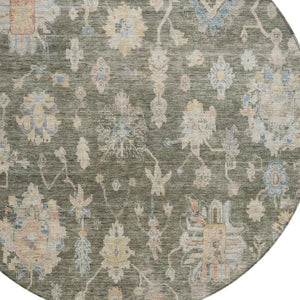 HomeRoots 8' Durable Round Floral Area Rug in Fern Green, Beige & Blue - Machine Washable for Indoor/Outdoor Use 688599