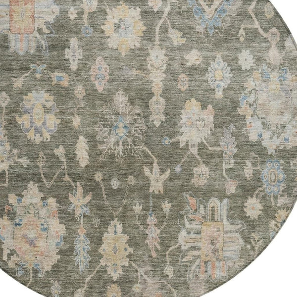 HomeRoots 8' Durable Round Floral Area Rug in Fern Green, Beige & Blue - Machine Washable for Indoor/Outdoor Use 688599