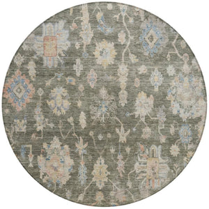 HomeRoots 8' Durable Round Floral Area Rug in Fern Green, Beige & Blue - Machine Washable for Indoor/Outdoor Use 688599