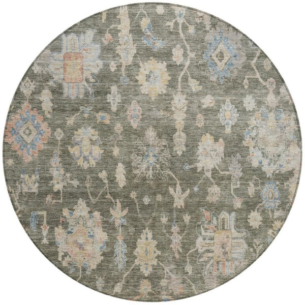 HomeRoots 8' Durable Round Floral Area Rug in Fern Green, Beige & Blue - Machine Washable for Indoor/Outdoor Use 688599