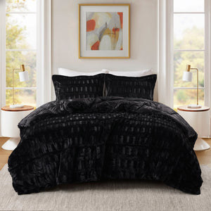 JLA Home Madison Park - Back Plush Reversible Long Faux Fur Comforter Mini Set — Luxurious Hypoallergenic Cozy Bedding Pair Black MP10-8544
