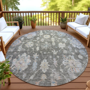 HomeRoots 8' Round Floral Area Rug in Gray, Beige, and Blue – Washable, Durable for Indoor & Outdoor Spaces 688605