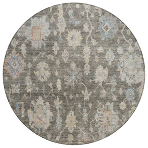 HomeRoots 8' Round Floral Area Rug in Gray, Beige, and Blue – Washable, Durable for Indoor & Outdoor Spaces 688605