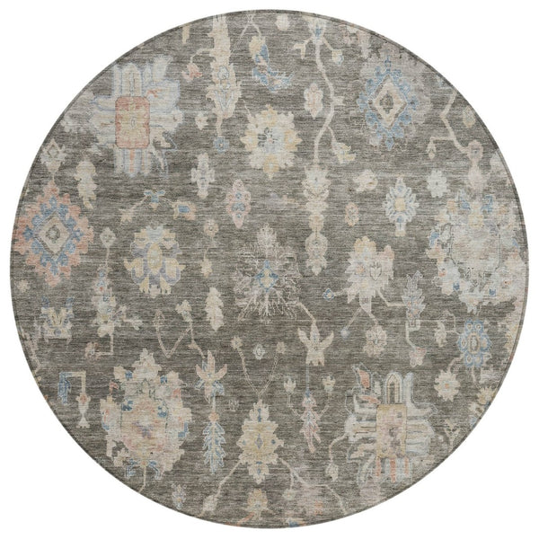 HomeRoots 8' Round Floral Area Rug in Gray, Beige, and Blue – Washable, Durable for Indoor & Outdoor Spaces 688605