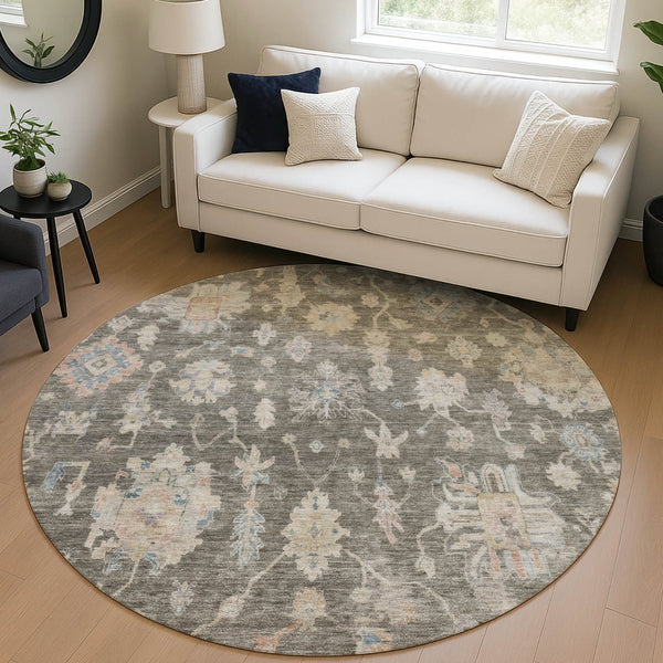 HomeRoots 8' Round Floral Area Rug in Gray, Beige, and Blue – Washable, Durable for Indoor & Outdoor Spaces 688605