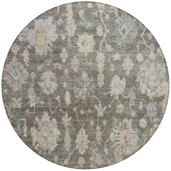 HomeRoots 8' Round Floral Area Rug in Gray, Beige, and Blue – Washable, Durable for Indoor & Outdoor Spaces 688605