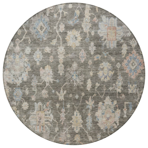HomeRoots 8' Round Floral Area Rug in Gray, Beige, and Blue – Washable, Durable for Indoor & Outdoor Spaces 688605