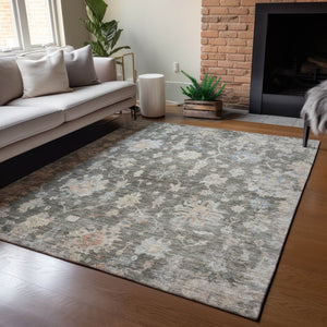 HomeRoots 10' Gray Beige & Blue Floral Washable Area Rug - Durable, Versatile for Indoor/Outdoor Spaces! 688608
