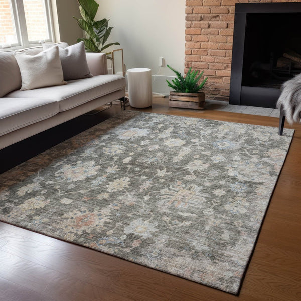 HomeRoots 10' Gray Beige & Blue Floral Washable Area Rug - Durable, Versatile for Indoor/Outdoor Spaces! 688608