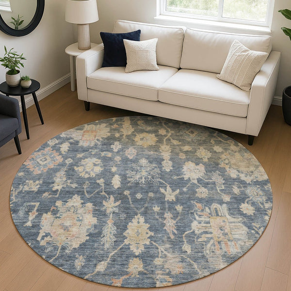 HomeRoots 8' Timeless Floral Round Area Rug in Navy Blue, Beige & Rust - Durable, Washable for Indoors & Outdoors 688611