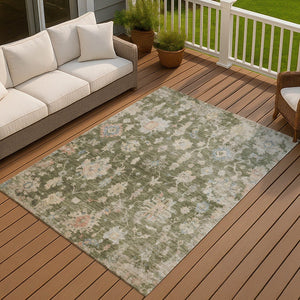 HomeRoots 5' Floral Washable Area Rug - Olive Green, Beige & Blue - Durable for Indoor/Outdoor Use, Easy Care! 688616